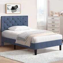 HOMBCK Upholstered  Bed Frame With Headboard, Linen Platform Bed  Frame With Wooden Slats Support,Twin/ Full/ Queen/ King,Pink/ White/ Blue/ Light Grey/ Dark Grey/ Black/ Cream - 藍色 - 查看 5