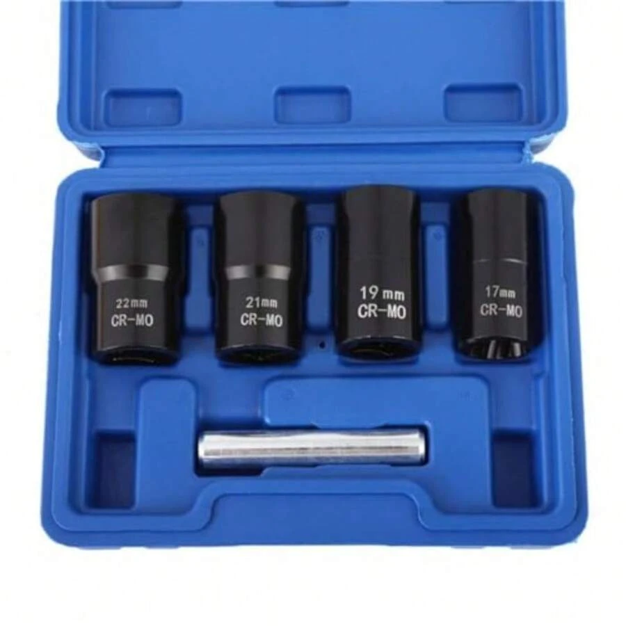 1/2" Drive Impact Bolt Nut Extractor Set 17mm 19mm 21mm 22mm Twist Socket Tool Set, 5pcs Locking Wheel Lug Nut Remover KitIncluding A Punch Rod - Black - View 1