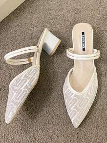 Fairy Style Thick Heels Closed Toe Mules, 2024 Summer New Mesh Fabric Mid Heels Versatile Breathable Sandals - Beige - View 2