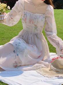 Elegant Dresses Suitable Casual Mesh Dresses,Women's Elegant Chiffon Printed Dress,Floral Print Dress Ruched Chest - 白色 - 查看 7