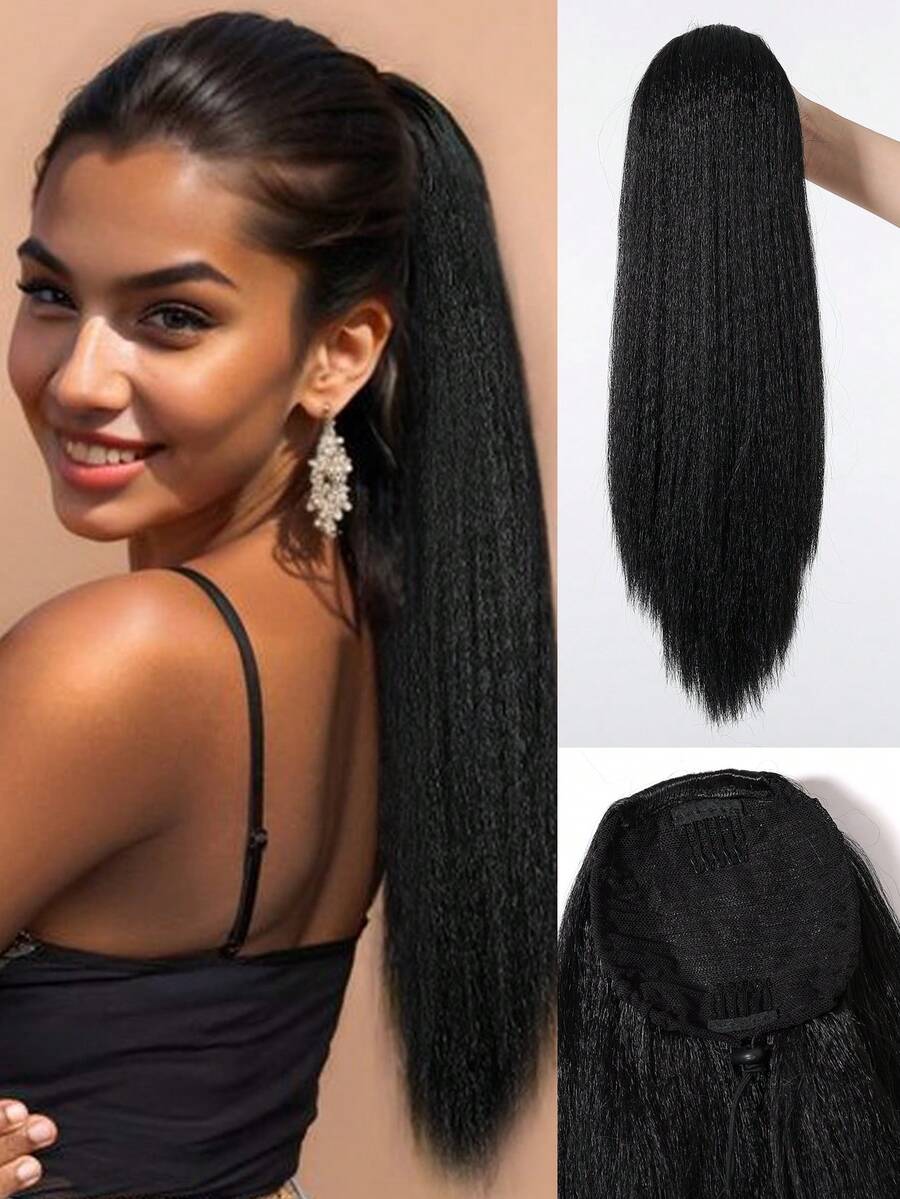 Long Straight Drawstring Ponytail Extensions Clip In Wavy Synthetic Hairpieces 20 Inch Black Ponytails Hair Piece Pony Tail Extension For Women