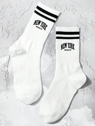 1pair Women's Letter & Double Stripe Mid-Calf Socks, NEW YORK Brooklyn Fashionable, Soft & Comfortable, Suitable For Festivals, Gifts, At Home, Back To School, And Travel Outfits, Fall Socks