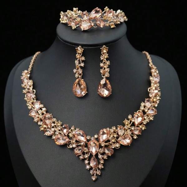4 piezas Elegante y lujoso Set de joyas con cristales, aretes y collar, adecuado para novia, boda y fiesta