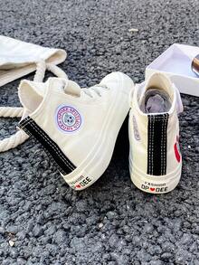Zapatillas de lona OPOEE, zapatillas deportivas de media caña para niños, para primavera/otoño, estilo coreano, unisex, de moda con suela baja, zapatos deportivos casuales con cordones, zapatillas clásicas de caña alta, zapatos deportivos casuales todo a juego para patineta para niños - Blanco - Ver 7