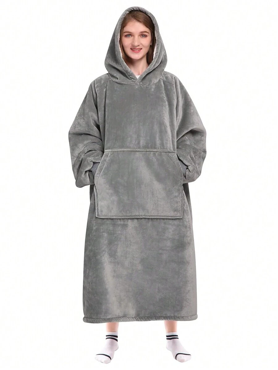 1 Pcs Sherpa Wearable Blanket Hoodie, Oversized Sherpa Fleece Sweatshirt Blanket With Giant Hood Pocket And Sleeves For Adult, Warm & Cozy Blanket Gifts For Women - 灰色 - 查看 1