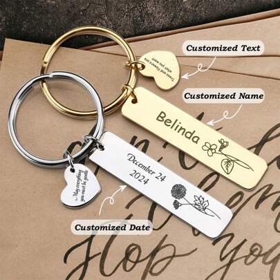 Llavero personalizado con flor de cumpleaños, llavero grabado, llavero de acero inoxidable, llavero de coche, anillo de llavero grabado, llavero de barra personalizado, llavero de metal, regalo conmemorativo exquisito, plateado, dorado, de moda, colorido, retro, minimalista, unisex, casual, lindo, personalizado, único, regalo ideal para él