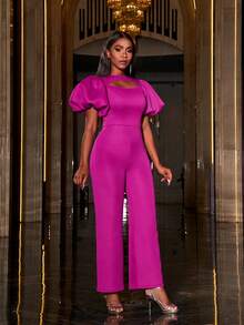 Solid Cut Out Front Puff Sleeves Party Elegant Jumpsuit - Hot Pink - View 4