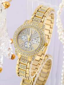 6件套女士不锈钢表带套装，时尚、休闲、优雅、经典、复古，三孔表盘，简约刻度，镶钻表盘，女士石英表，心形手链项链，耳环，戒指首饰套装，适合日常佩戴、装饰、节日礼物、送给朋友和母亲的礼物、情人节礼物。 - 金色 - 查看 2