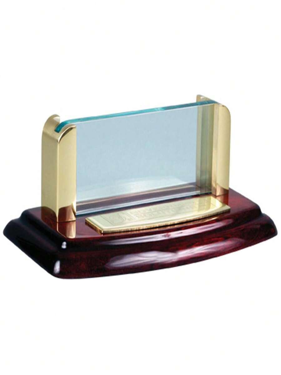 Deluxe Business Card Holder Mahogany Piano Finish Wood Gold Finish Accents 5.125x2 7/8x2 6 Oz - 金色 - 查看 1