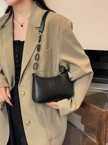 Bolso de hombro acolchado con estampado de cocodrilo de diseño de alta calidad, de estilo minimalista para mujer - Negro - Ver 4