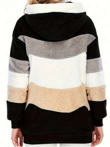 女款毛绒拼色连帽超大夹克，秋冬款 - 黑色 - 查看 4