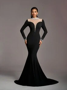 Faeriesty Women's Wedding Dress Bridal Gown With Stand Collar & Beaded Long Sleeves - Crystal-Embroidered Sheer Yoke, Flattering Fish-Tail Silhouette, Elegant Cuff Detailing - Perfect For Wedding Ceremonies - Black - View 4