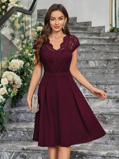 MIUSOL Floral Lace V-Neck Cap Sleeve Cocktail Party A-Line Dress, Wedding Guest Dress, Prom Dress