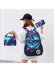 多功能大容量背包，中学生/高中生夜光背包，防水牛津布背包套装带午餐盒和铅笔盒 - 玫紅色 - 查看 3