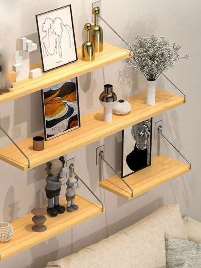 1pc No-Drilling Wall-Mounted Decorative Storage Shelf, Bedroom Wooden Bookshelf, Single Tier Storage Rack Fall Home Decor  Room Decor