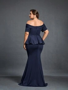 大码新娘妈妈礼服优雅连衣裙 - 藏蓝色 - 查看 2