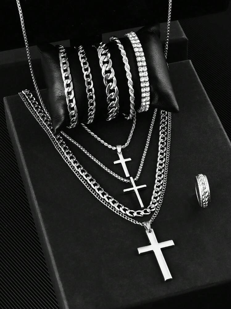 10 peças/Conjunto Colar Pingente de Cruz Masculino, Pulseira de Corrente Oca e Conjunto de Anéis, Presentes Esportivos, de Negócios e Luxo Casual - Prata - Visão 3