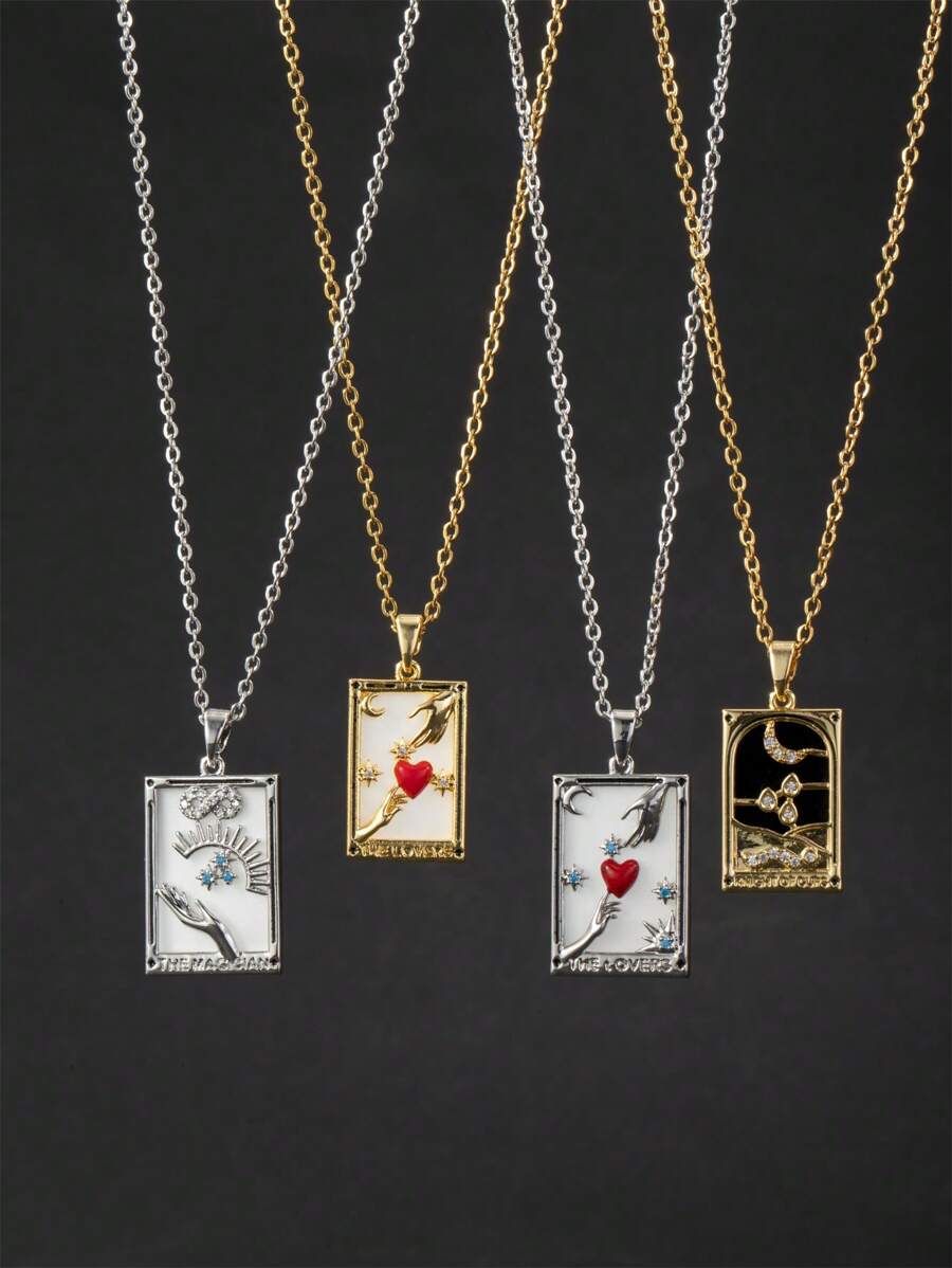 1pc Retro Rectangular Tarot Card Pendant Necklace For Women - Multicolor - View 1