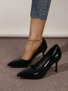 Zapatos de tacón alto de charol negro, nuevos tacones de aguja elegantes y sexy de punta fina para mujeres - Negro - Ver 3