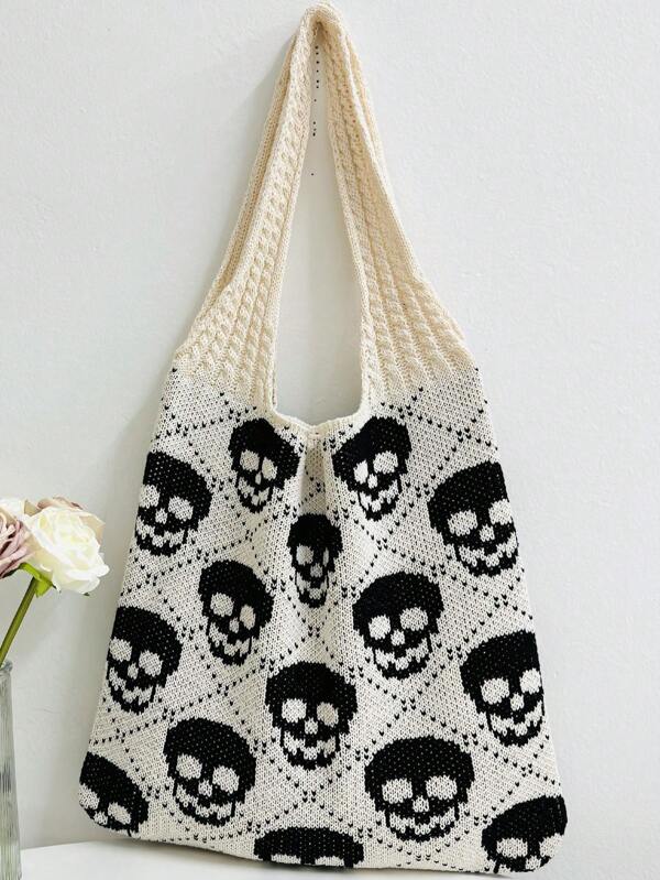 Vintage Skull Print Knitted Tote Bag, Fashion Ladies' Shoulder Bag Beach Bag, Crochet Woven Bag, Perfectly Matching With Vacation Outfits Women