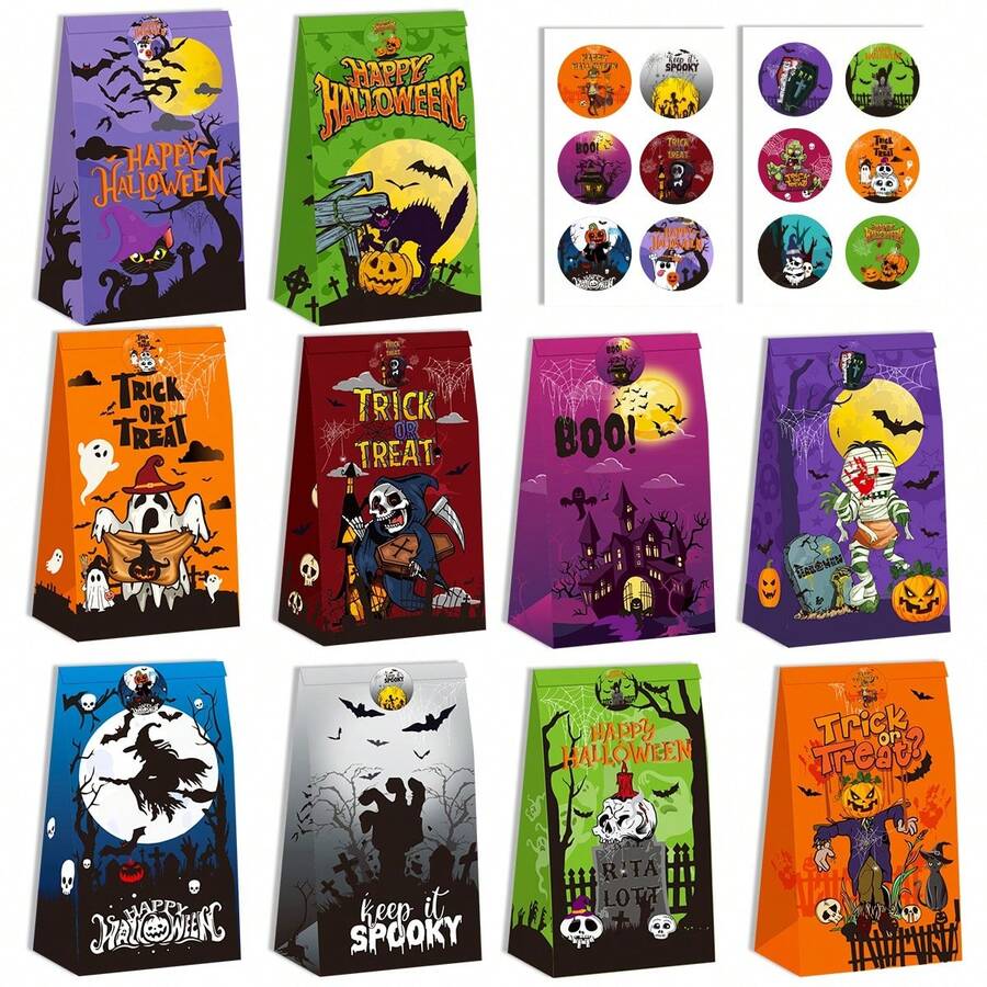 10 个万圣节糖果礼品袋 + 12 个贴纸，烘焙零食包装袋派对密封贴纸袋 - 彩色 - 查看 1