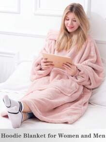 1 Pcs Wearable Blanket Sweatshirt Gifts For Women And Men, Warm And Cozy Giant Blanket Hoodie, Thick Flannel Blanket With Sleeves And Giant Pocket - 粉色 - 查看 3