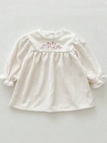 女宝宝秋季刺绣荷叶边领泡泡袖针织连衣裙 - 米色 - 查看 3