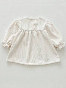 女宝宝秋季刺绣荷叶边领泡泡袖针织连衣裙 - 米色 - 查看 2