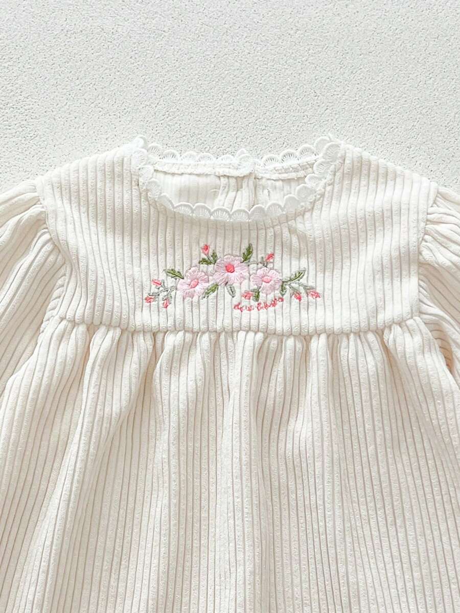 女宝宝秋季刺绣荷叶边领泡泡袖针织连衣裙 - 米色 - 查看 1