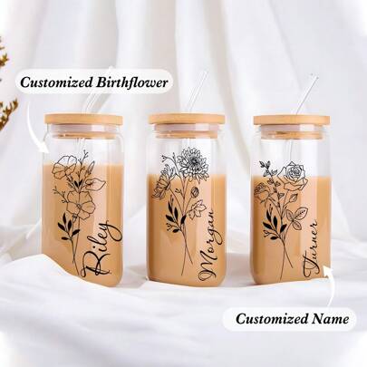 Vaso de agua personalizado con flor nombrada y tapa de bambú con cúpula, taza de café/leche/agua personalizada de 500ml, con tapa, pajita y cepillo de limpieza de pajita. Un regalo significativo para familiares y amigos durante la temporada festiva. 1 pieza, fácil de limpiar, reutilizable, exquisito, elegante, moderno, personalizado, único. Regalos ideales para él, ella, novio, novia, mamá, papá, familia, amigos para aniversarios, San Valentín, Día de la Madre, cumpleaños, Día del Niño, Día del Padre, graduación, bodas, inauguración de la casa. Para sala de estar, dormitorio, sala de té, hogar, comedor, oficina, escuela. Tazas personalizadas, ambiente acogedor, calendario festivo.