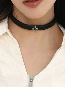 1pc Titanium Steel Non-Fading Double Layer Silver Rose Flower Leather Choker Necklace For Women - Black - View 2