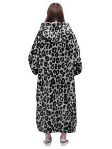 1 Pcs Wearable Blanket Sweatshirt Gifts For Women And Men, Warm And Cozy Giant Blanket Hoodie, Thick Flannel Blanket With Sleeves And Giant Pocket - 豹紋灰 - 查看 2