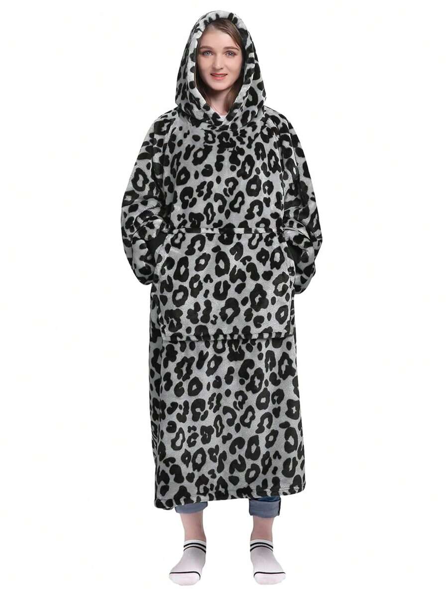 1 Pcs Wearable Blanket Sweatshirt Gifts For Women And Men, Warm And Cozy Giant Blanket Hoodie, Thick Flannel Blanket With Sleeves And Giant Pocket - 豹紋灰 - 查看 1
