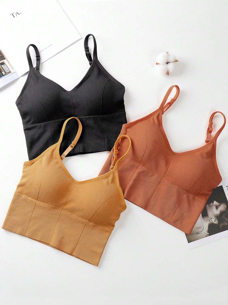Women's Padded Bralettes 3 Pieces Sport Camisole Bras Wirefree Longline Lounge Bra Comfy Tank Bralette Racerback Top Removable Cups Set Of 3 - 黑/橙/黃 - 查看 1