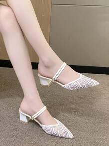 Fairy Style Thick Heels Closed Toe Mules, 2024 Summer New Mesh Fabric Mid Heels Versatile Breathable Sandals - Beige - View 3