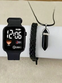 3 piezas de Reloj electrónico cuadrado para niños con temática de dibujos animados, número de amor y pulsera de reloj y collar como obsequio de joyería para niños