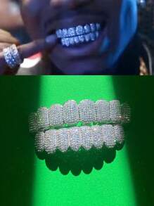 1 cái/2 chiếc 18K Mạ Vàng Halloween Hip Hop Đính Đá Cubic Zirconia Sáng Bóng Răng Khuôn Răng, Khuôn Răng 8 Răng Trên & Dưới Với Bộ Micro CZ, Trang Sức Răng Có Thể Tháo Rời & Điều Chỉnh Cho Nam Và Nữ - Nhiều màu - Xem 1