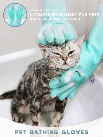 1set Green Pet Bathing Gloves, Dog & Cat Bathing Brush, Silicone Massage Bath Grooming Supplies