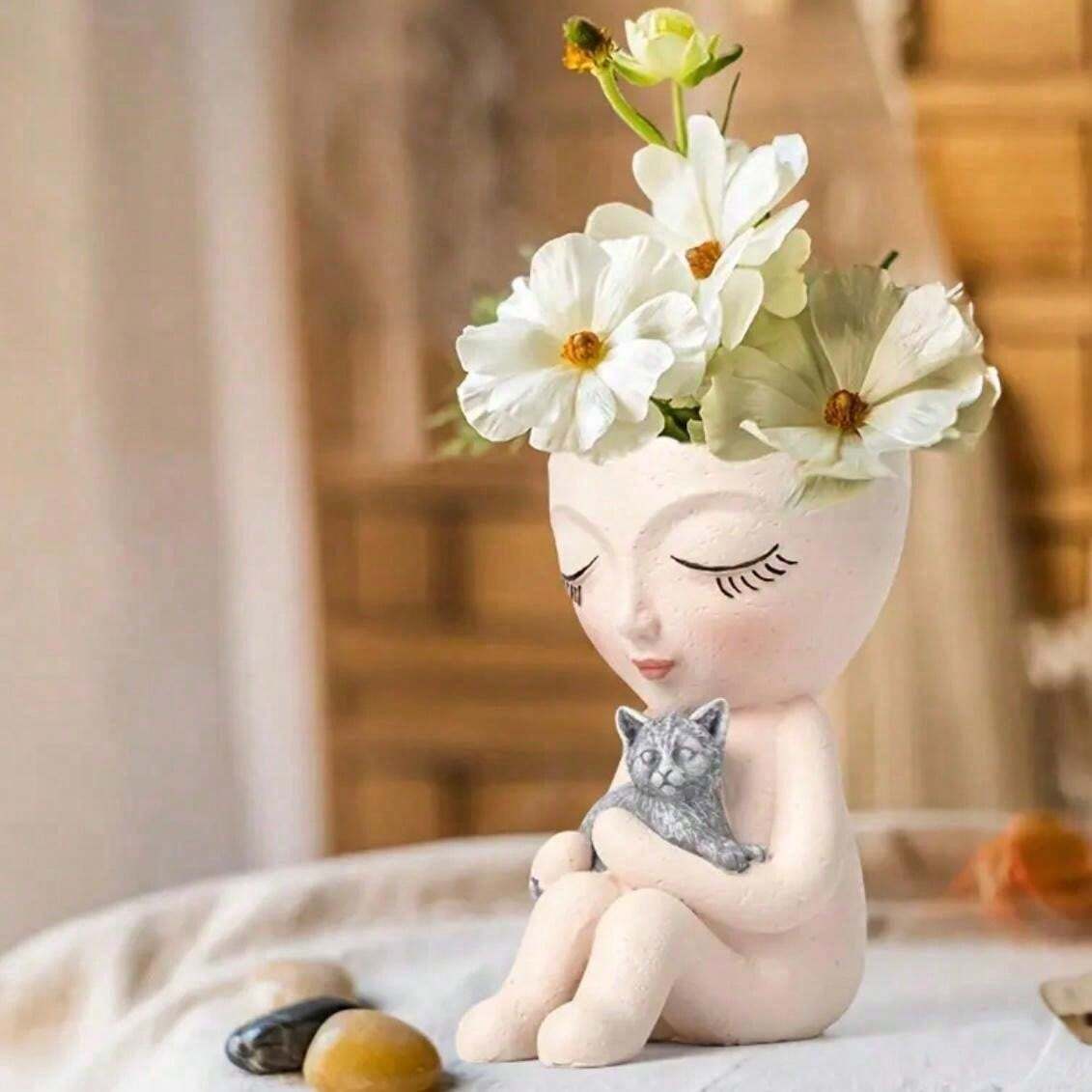 Statua Gatto In Resina Con Testa Che Si Muove - Dipinta A Mano, Decorazione Divertente Per Casa - Foto 1