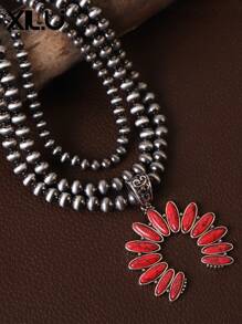 1pc Vintage Western Style Exaggerated Faux Turquoise & Beads Triple Layer Necklace,Western Country Navajo Faux Pearls