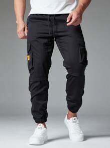 Men's Casual Multipurpose Drawstring Waist Jogger Cargo Pants - Black - View 3