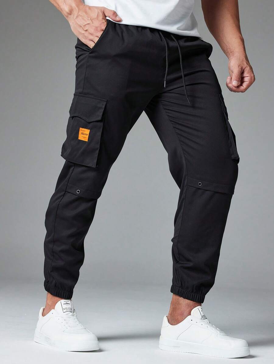 Men's Casual Multipurpose Drawstring Waist Jogger Cargo Pants - Black - View 1