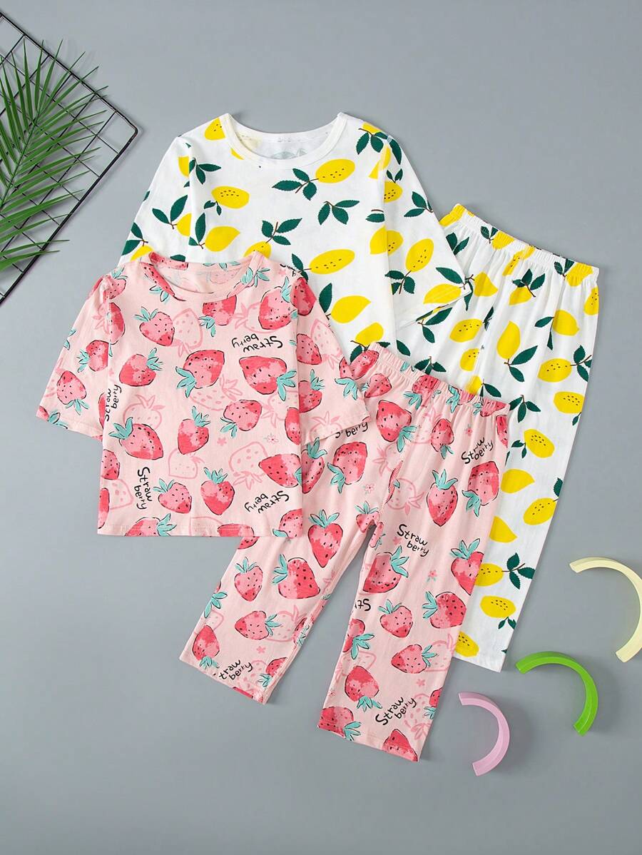 4 件套年轻女孩卡通草莓印花短袖睡衣套装，轻便