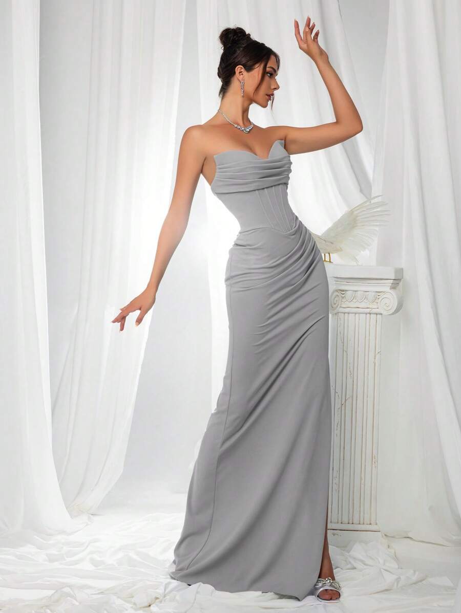 VIPGIRL Elegant Bridesmaid Dress: Strapless Flattering Fitted Satin Gown With Corset Bodice & Draped Waist – Minimalist Luxury Formal Evening Wear, Wedding Guest Outfit - Grey - View 1