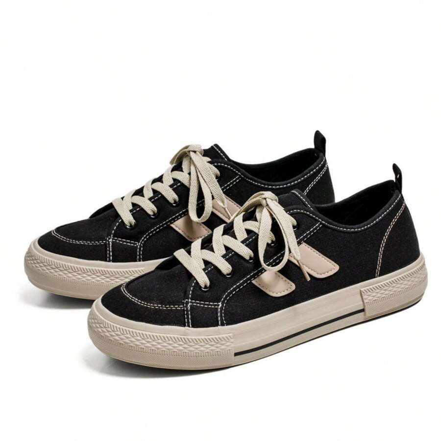 低帮硫化休闲时尚帆布鞋，舒适百搭，适合男士 - 黑色 - 查看 1