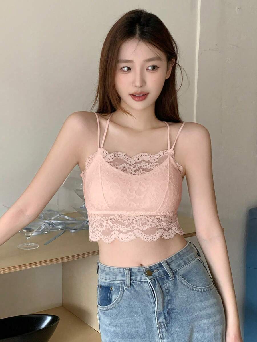 女士蕾丝吊带背心，修身休闲粉色夏季款 - 粉色 - 查看 1