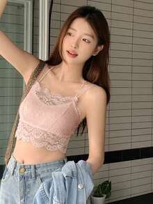 女士蕾丝吊带背心，修身休闲粉色夏季款 - 粉色 - 查看 8