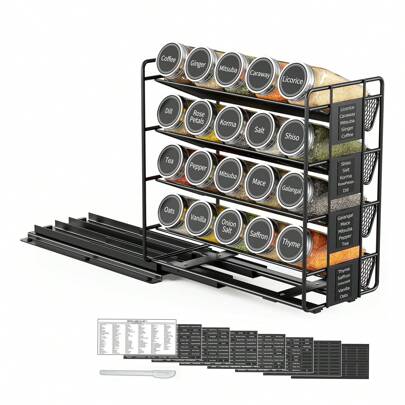 Pull Out Seasoning Organizer For Kitchen Cabinets, Includes 20 Jars, 801 Labels, And Chalk Marker, Left Facing