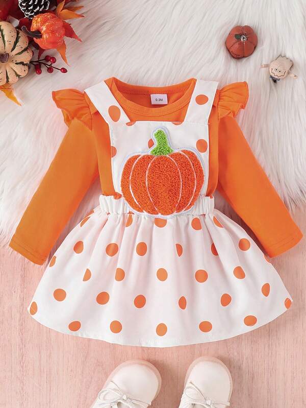 Costume d'Halloween citrouille pour petites filles, barboteuse à manches longues et robe chasuble 2 pièces/set