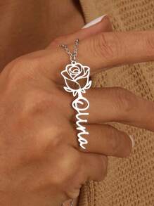 1PC Rose English Name Pendant Customized Text European And American Fashion Women's Stainless Steel Necklace And Earring 18k Gold Plated Stainless Steel Rose, Valentine's Day Gift,Chic Autumn,Jewelry & Watches,Customized Fashion Engraved Necklaces